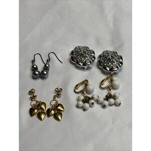 Vintage Earrings Lot Of Four Pairs Dangle Clip On Beaded Heart Floral Mixed